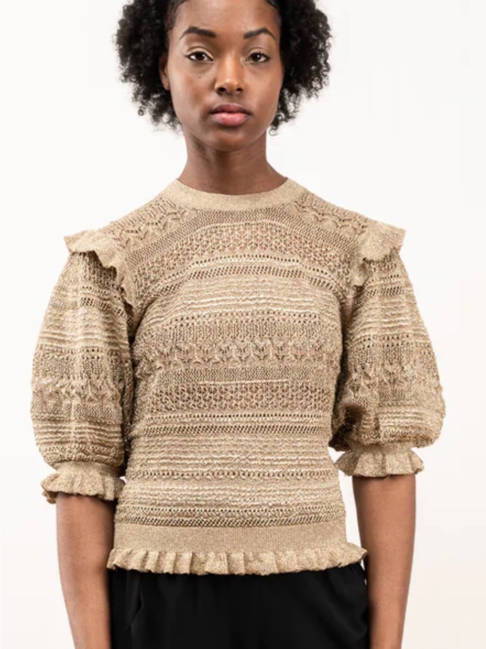 Ulla Johnson Linny Top Knit Ruffle Sleeve Top in gold neutral M quiet luxury